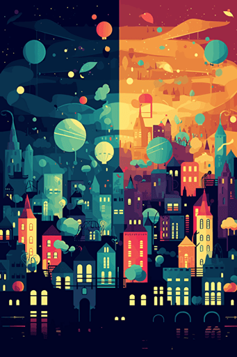 fun, festival, city, party, abstract, vector, daytime left, night time right