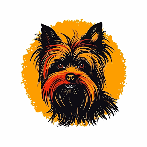 A vector logo of a yorkie for a dog grooming business, simple, memorable, invoking excitement, lively, imaginative, friendly, playful, red, yellow, orange
