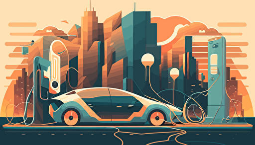 electric car charging in futuristic city , flat warm pastel colours, muted coloursillustration,vector,