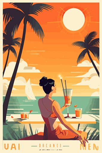 1950's advertisement long drinks, summer, beach party, art deco, vector, minimalistic,