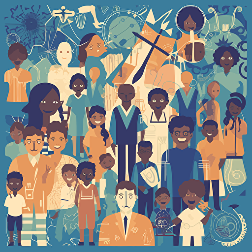 flat vector stylized illustration of children and youth of different ages and ethnicities being defended by lawyers, youth justice, hopeful, surrounded by symbols of the law and litigation,