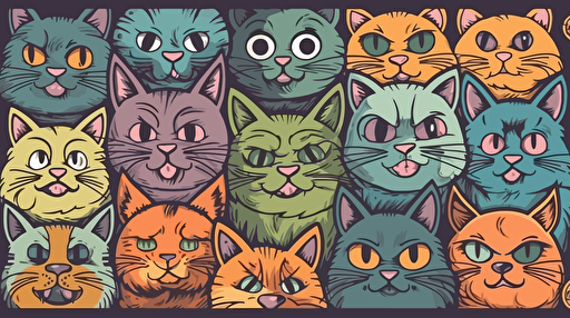 vector art style, various colorful cats with different expressions, in the style of Michael Parks,