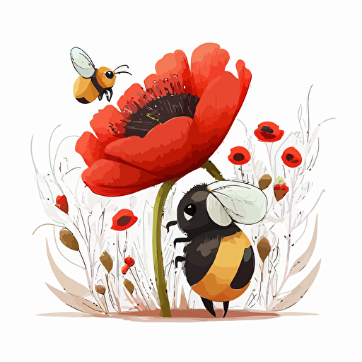 logo, cartoon, drawing, a over sized queen bee standing, tiny poppy flower, a queen bumble bee holding a tiny red poppy flower, vector, white background, no text
