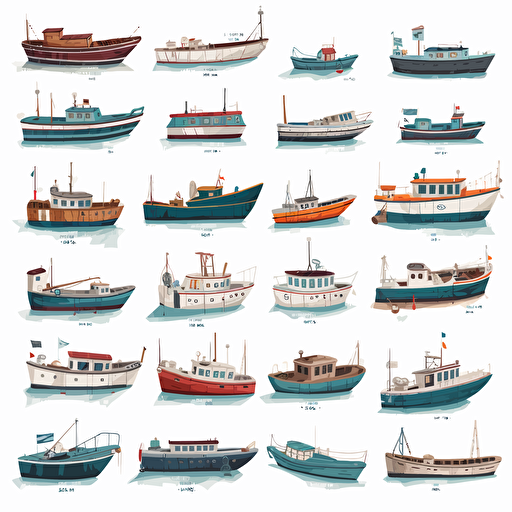 a grid of different boat sizes from small to large, vector, white background