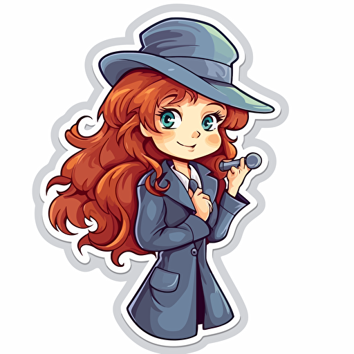 Sticker, Happy Colorful female Sherlock Holmes with long red hair, kawaii, contour, vector, white background