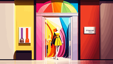 Entrance to a fashion store in a mall with an whitelabeled display above the door, in the style of lively tableaus, li-core, colorful, vectorized