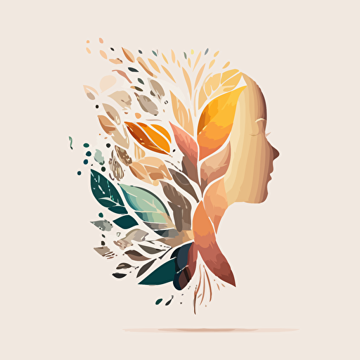 Abstract modern minimalist design symmetrical vector logo for a blockchain startup made up of light pastel earthy tones gradient where elements of nature like leaves make up the side profile of a human face with a white background