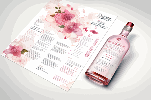 alcohol brand vectorized sales sheet design layout, full resolution, pink white, pink rose petals , illustrator