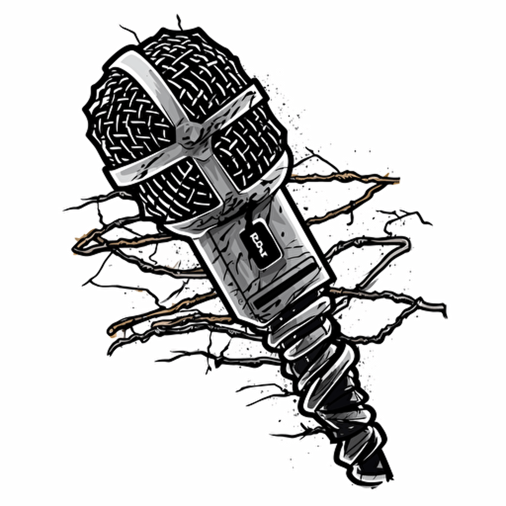 a barbwire wrapped microphone, vector, sticker