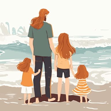 A monther with long brown hair, a father with short blond hair, a 3-year-old girl with sandy blond hair, a 3-year-old boy with black hair, and a 10 year old girl with red hair at the beach watching the ocean waves, illustration, vector, flat style