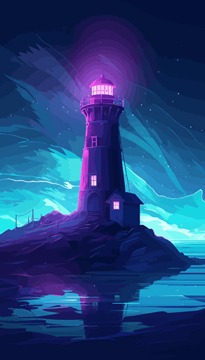 digital art of lighthouse with foghorn in fog in synthwave style, bioluminescence glow in the dark, vector, cosmic background