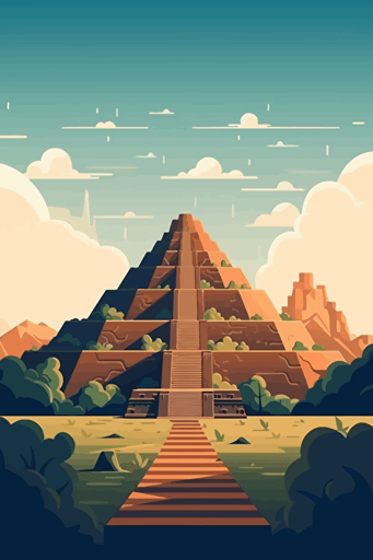 front view of teotihuacan, blue sky, vector design, minimalist, flat