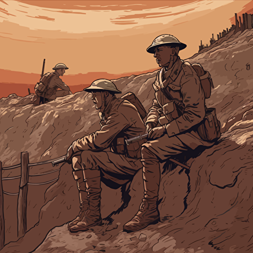 very very sad and dejected english soldiers world war I , looking down , holding their guns with bayonette, dejected, in the trenches with helmets, 16:9 format, illustration vectorial style, limited color palette, the landscape above them in the composition