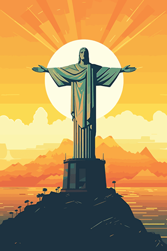 christ the redeemer, illustration, painting, bright lighting, sun in sky, front view, flat,vector