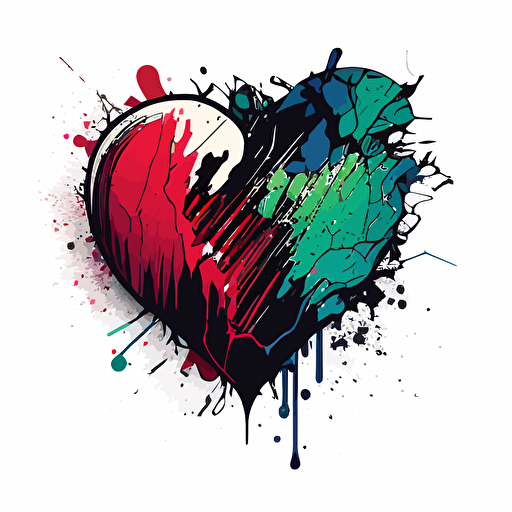 Asymmetrical and abstract vector illustration featuring broken heart, heart shape, intense colors, vector illustration