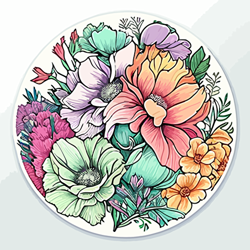 colourful flowers, Sticker, Adorable, Cool Colors, Pencil Drawn, Contour, Vector, White Background, Detailed ar 1:1