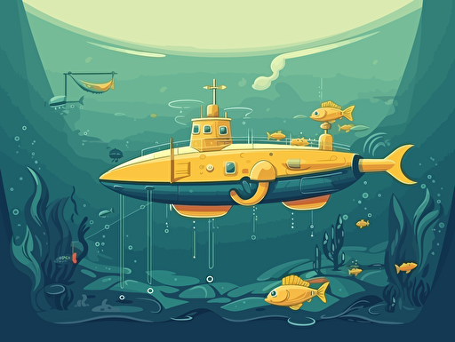 2d vector illustration, yellow submarine under water, attach by a string like a kite by an astronaut stading on the sea bed