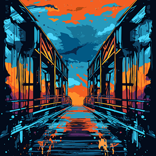 a vector image of a bridge leading to a prison in the distance, blue and orange and dark gray, graffiti style