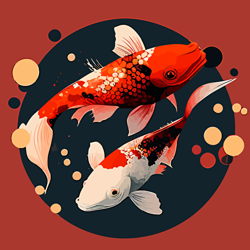 Two Koi Illustration Red Koi Koi Clipart Vector minimalist with the red circle background. Elegant and fluid. –– v 5