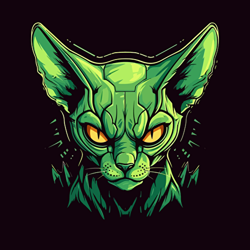 Logo, Menacing, Alien Warrior Cat, Sphynx, Green Eyes, Big Ears, Vector Style,