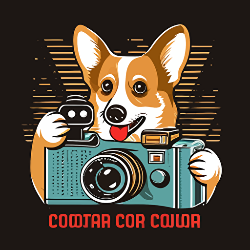 vector style logo of a corgi holding a camera with it's mouth