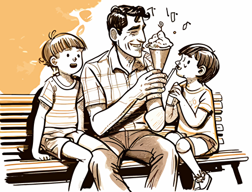 A single father with his son and daughter, sharing a joyful moment at the playground. They are all sitting on a bench, eating ice cream and laughing together. The sun shines brightly behind them, signifying the warmth of their love. soft warm lighting, sketch illustration, vector art