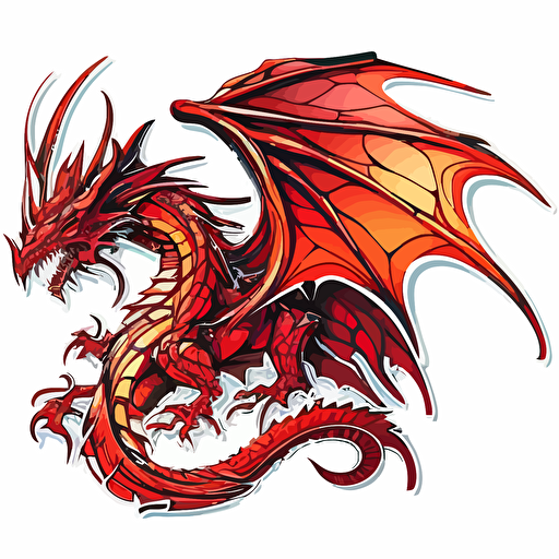 sticker, red dragon, contour, vector, vibrant colours, white background