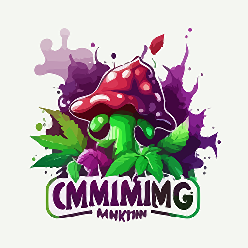 smoking goblin marijuana leaf mushrooms vector logo, purple, green, red, white background