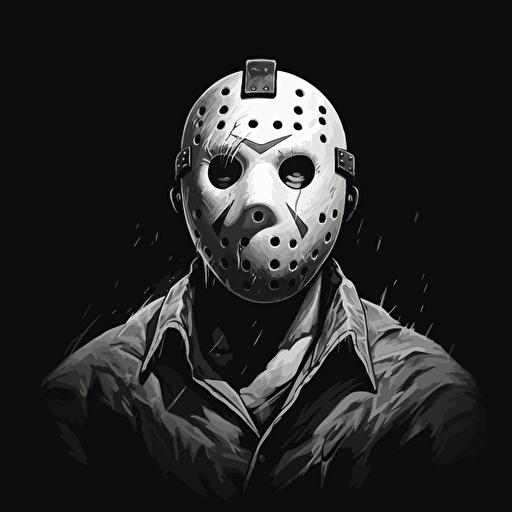 32 bit jason Friday the 13th, white on black background, no shading, 2D, vector