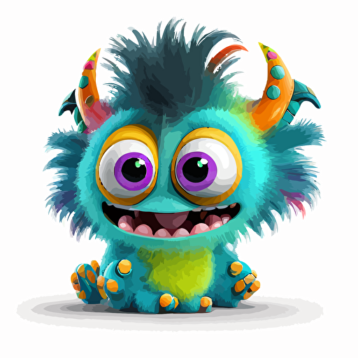 A saturated colorfull baby fur australian monster, goofy looking, smiling, white background, vector art , pixar style