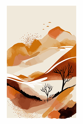Rust orange and beige watercolour abstract landscape, Minimalist, vector, contour