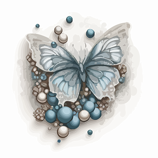 artistic butterfly and beads, simple, artistic, vector, white background, grey, light blue, blue, silver