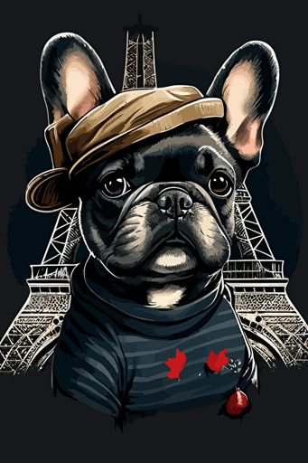 french bulldog with a beret infront of eiffel tower, vector art,