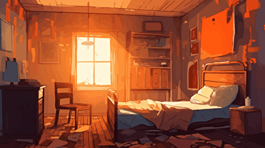 old decrepit orange old bedroom illustration, vector, 2d animation