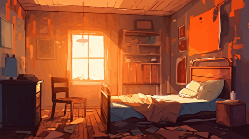old decrepit orange old bedroom illustration, vector, 2d animation