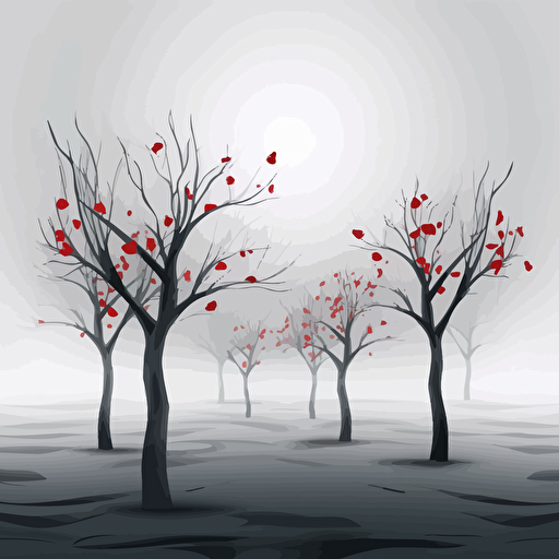 trees with no leaves. A few red flower petals blowing in the wind. Grey sky. Vector illustration