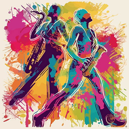 vector illustration of a saxophone player with a happy couple dancing around him, in vivid colors