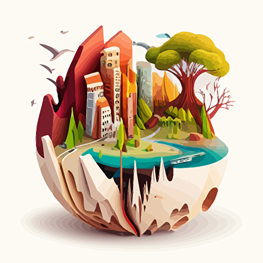 a 360°C model with an imaginary city and nature. Vector and childish style. Very colored. Very happy. white background without shadow.