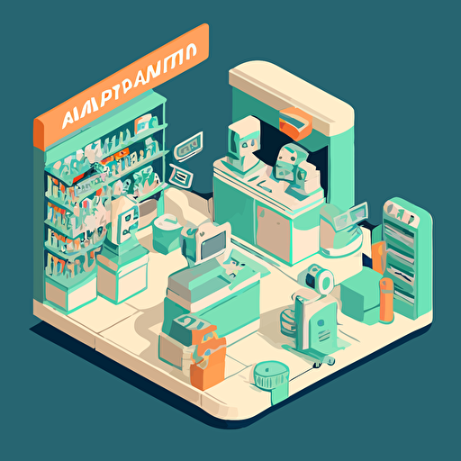 cartoon illustration of the pharmacy and pharmacy workflow including automation robots 2d vector