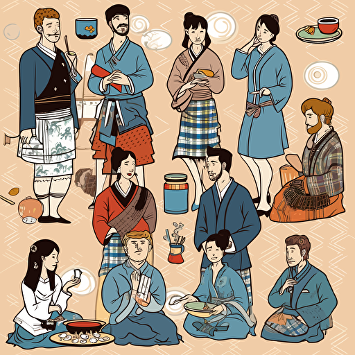 vector sheet of various ethnicities in traditional Scottish dress eating, talking or listening to music, manga style playful