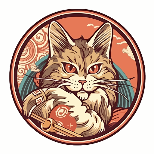 cat eating noodles logo 2d vector art ukiyo-e, white background in a circle.