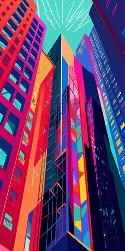 a new york city front view building skyscrapers, in style of spiderverse movie, with bright colors, vector artwork,