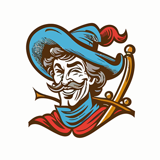 vector of a musketeer logo, only one color, heroic looking, big smile renaissance illustration