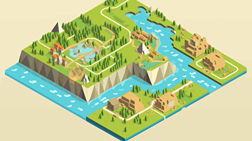 Isometric clean SVG vector art:: map with river crulling in the middle, combination of catan and age of empires, ready to print