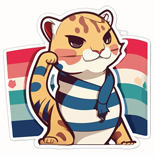 sticker, Happy Colorful Mountain Lion wearing a navy blue and white striped scarf,, kawaii, contour, vector, white background