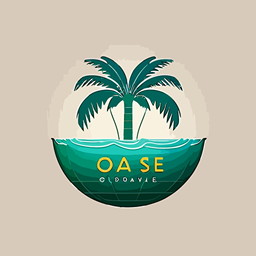 "Oasis Cove" corporate logo for a business that is selling Inflatable large size pools, a minimalist design of a palm tree with an inflatable pool forming its canopy, emphasizing the company's focus on relaxation and a tropical vibe, Artwork, vector illustration,
