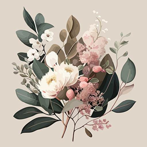 blush pink flowers, eucalyptus, white flowers, vector art