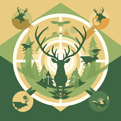 vector poster of hawks circling above a deer, green and tan colors