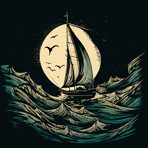small yacht with sails, at night, rough seas and huge moon
