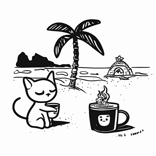 beach with cat, fire, coffee shop cute starbucks logo cartoon, minimal, line, NO COLOR, one line, black ink, vector, white background
